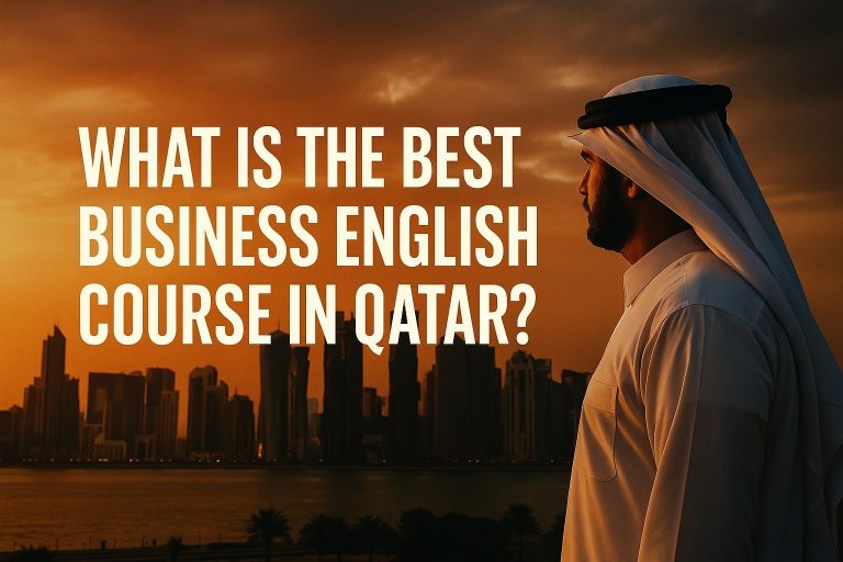 Qatari man in traditional attire looking at Doha skyline during sunset with bold text asking "What is the best business English course in Qatar?"