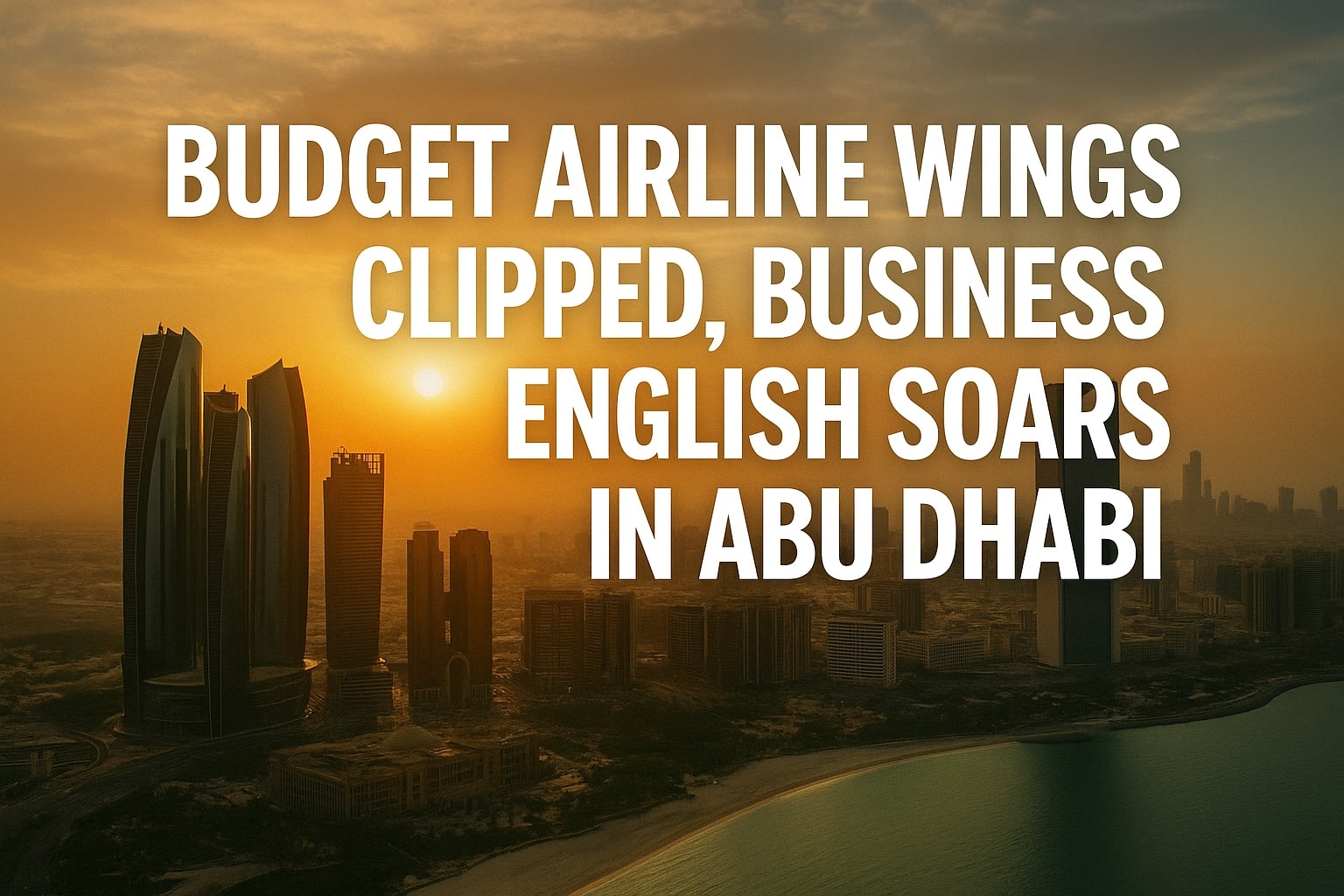 Aerial view of Abu Dhabi skyline at sunset with bold text "Budget Airline Wings Clipped, Business English Soars in Abu Dhabi", highlighting shift from tourism to executive training.