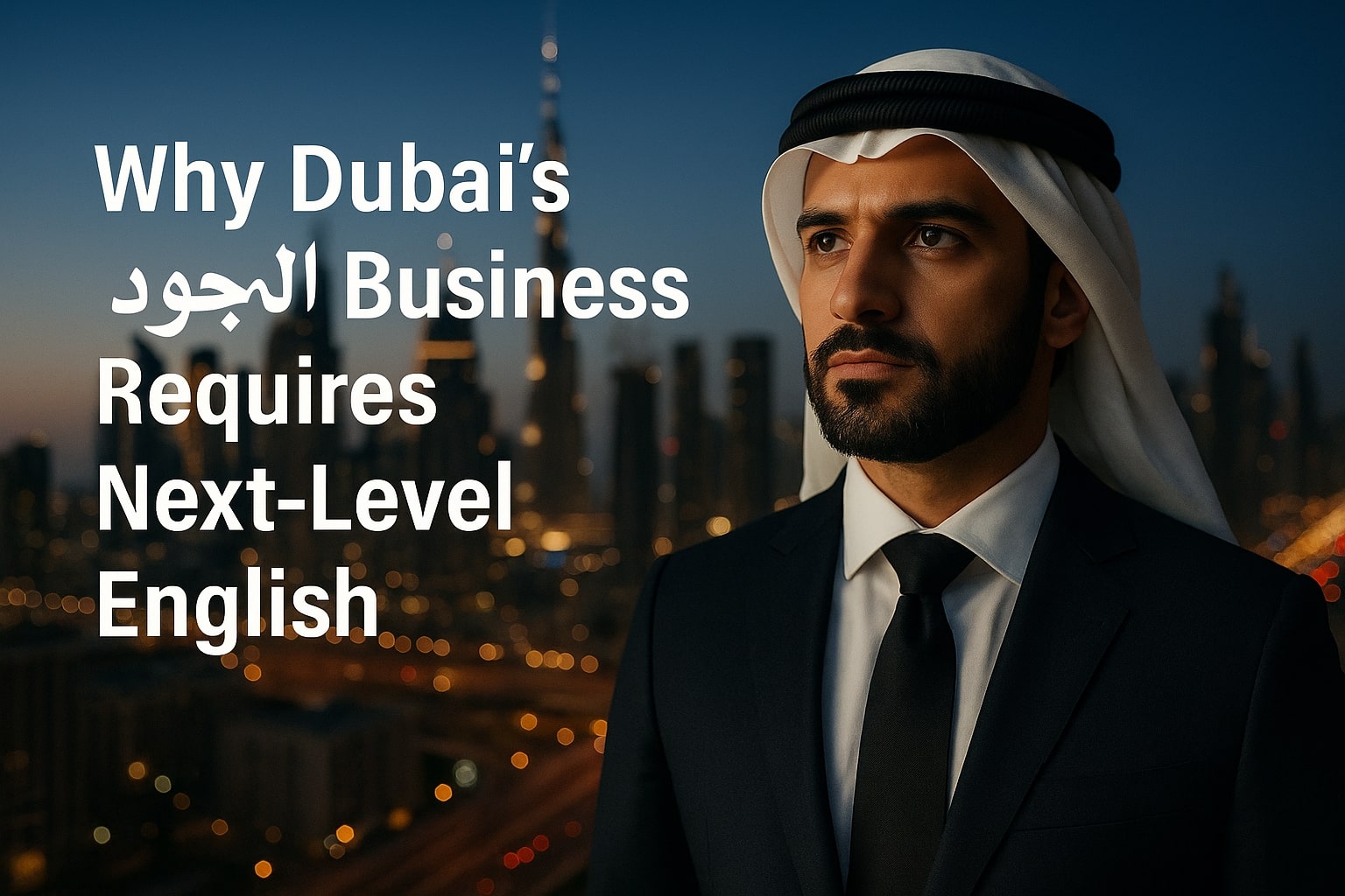 Middle Eastern executive man in a navy suit and white ghutra standing confidently in front of the Dubai skyline at twilight, with the Burj Khalifa in the background and bold headline text that reads: ‘Why Dubai’s الوُجود Business Requires Next-Level English’ – symbolizing authority, clarity, and communication power for UAE business leaders