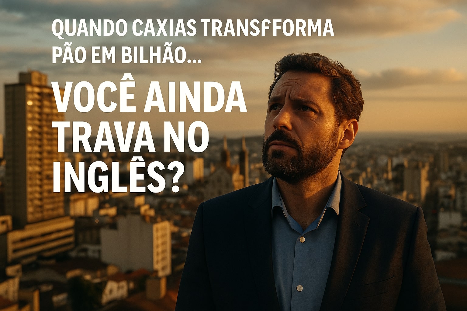Homem pensativo ao entardecer em Caxias do Sul com frase provocativa sobre inglês e crescimento profissional.