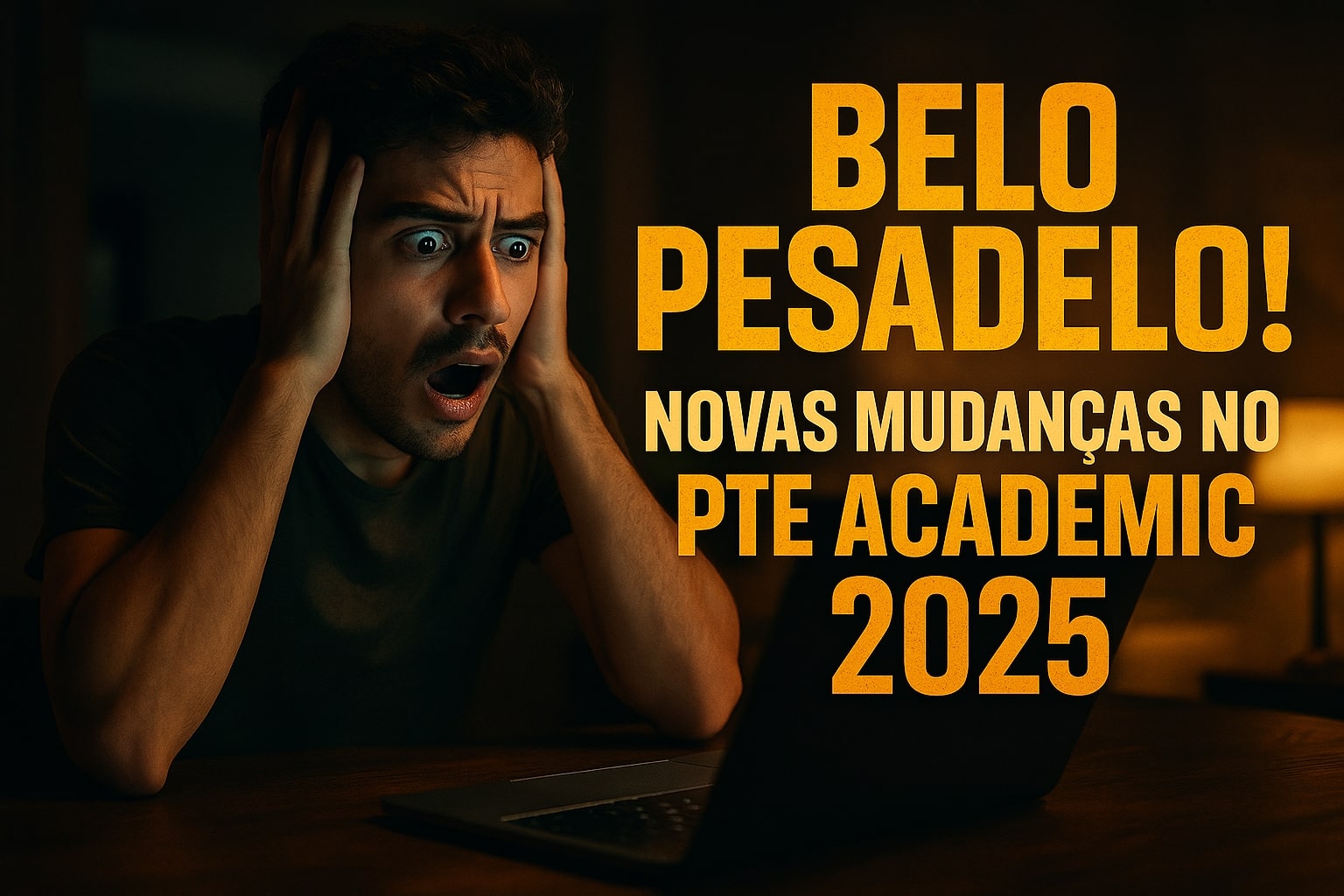Brasileiro chocado diante de um laptop ao descobrir as novas mudanças no PTE Academic 2025, com título impactante: ‘Belo Pesadelo!