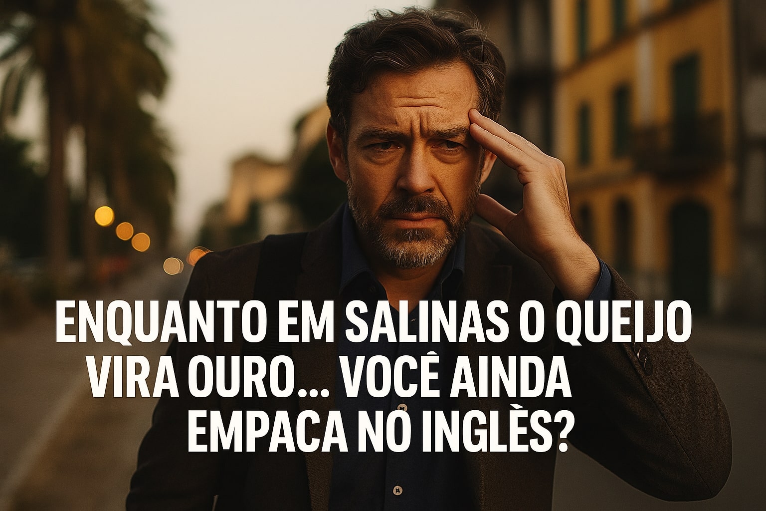 Homem pensativo na rua com a frase “Enquanto em Salinas o queijo vira ouro… você ainda empaca no inglês?