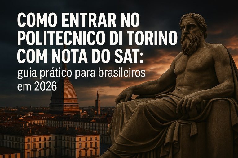 Imagem promocional provocativa destacando a entrada de brasileiros no Politecnico di Torino com uso do SAT, em estilo cinematográfico e provocador.
