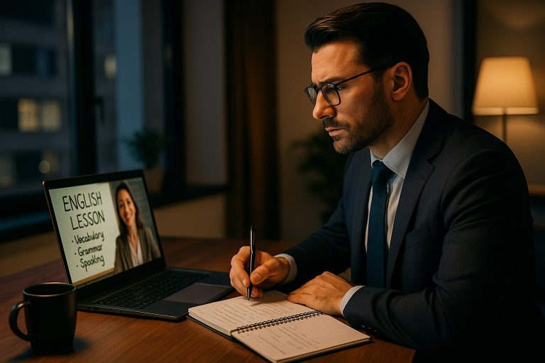 Executivo estudando inglês online em programa semi-intensivo com foco em fluência e prática real no dia a dia corporativo.
