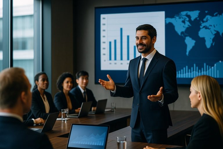executivo participando de reunião internacional online em inglês com professor nativo