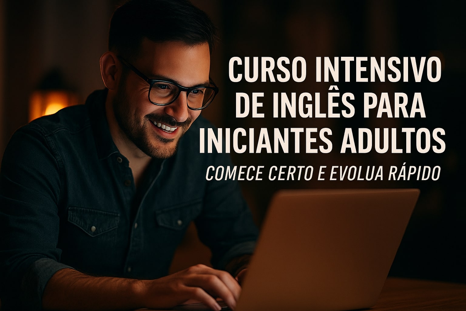 Adulto iniciando estudos de inglês intensivo online com foco em conversação e evolução rápida